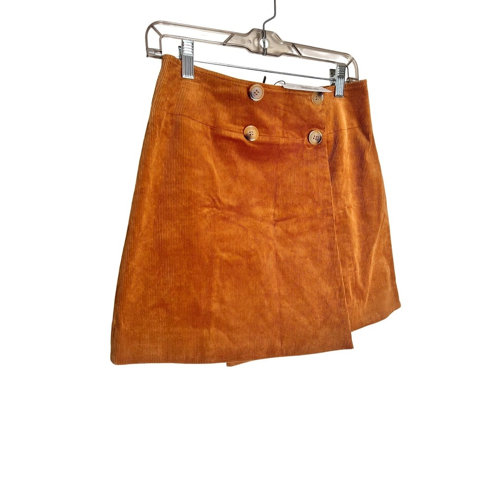 Sugar + Lips Camel Tan Corduroy Mini Skirt Button Front Wrap Autumn Fall retro